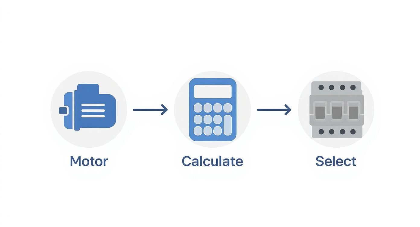 A process diagram showing a motor icon, an arrow to a calculator icon, and an arrow to an electrical protection device icon.