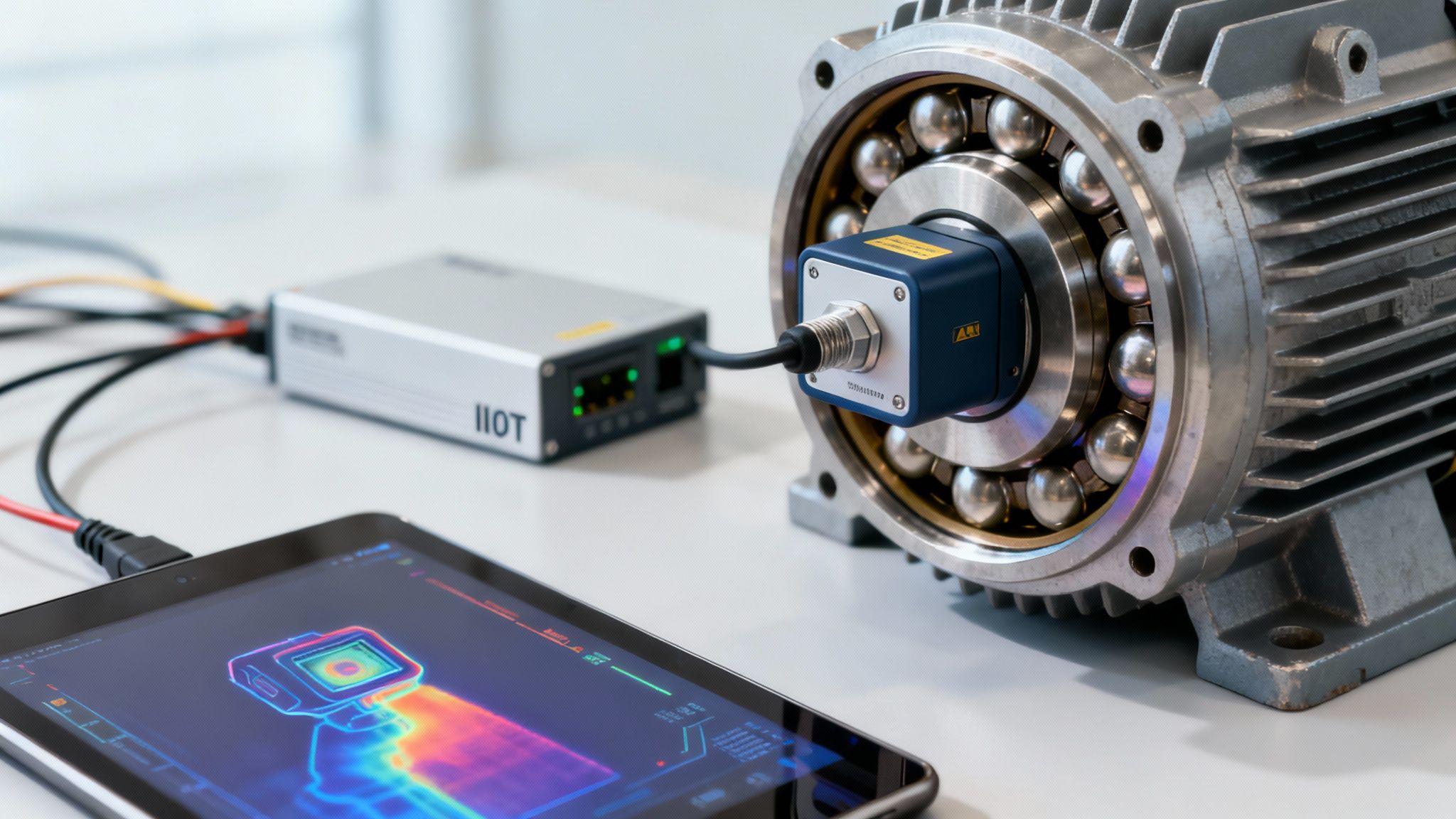 An IIOT sensor monitors a motor bearing, showing thermal data on a tablet for predictive maintenance.