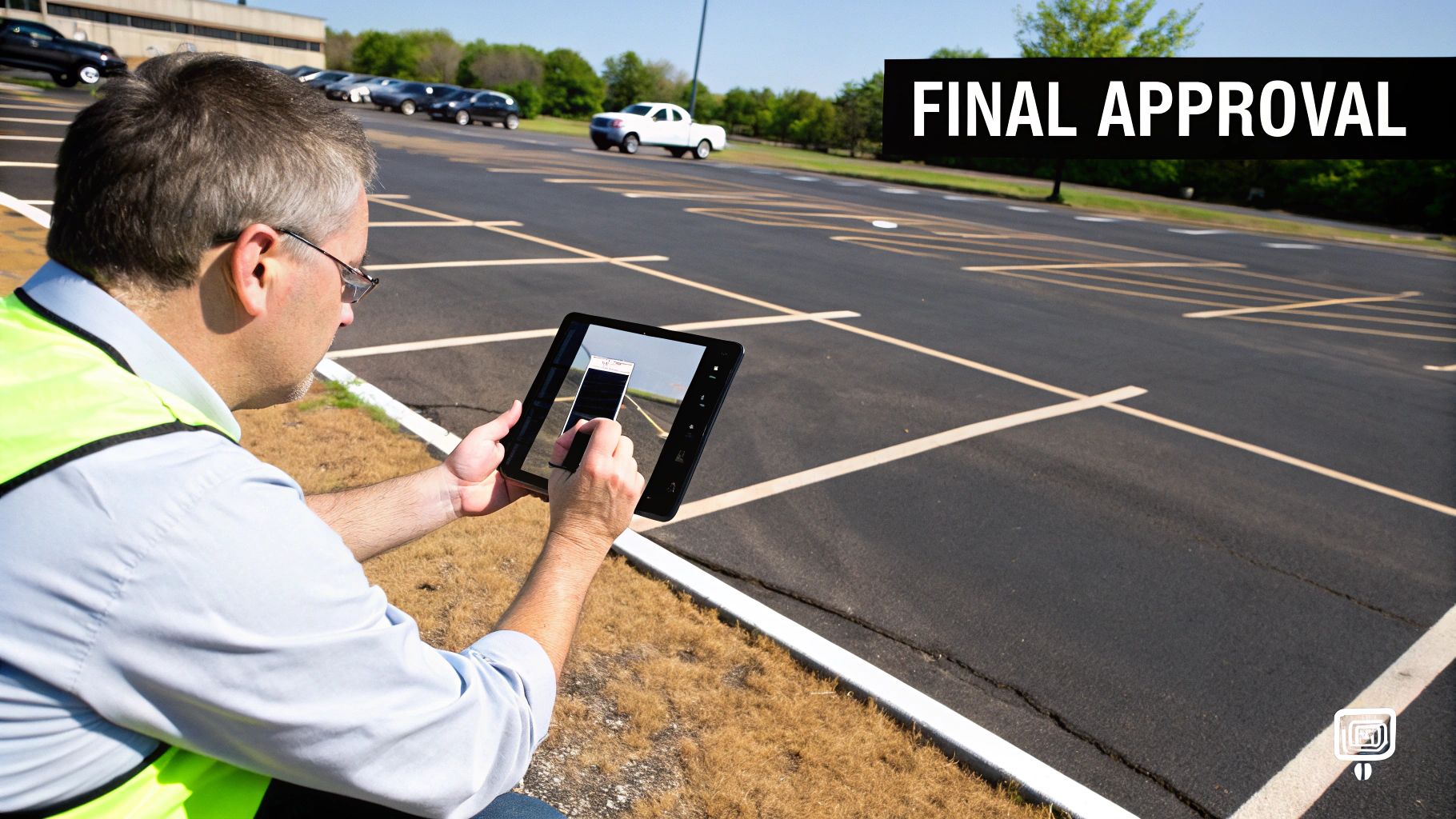 Man in safety vest uses a tablet in a freshly marked parking lot, overseeing construction for final approval.