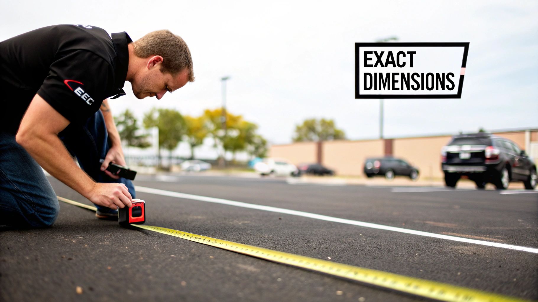 A construction worker precisely measuring pavement with a tape measure and laser device.