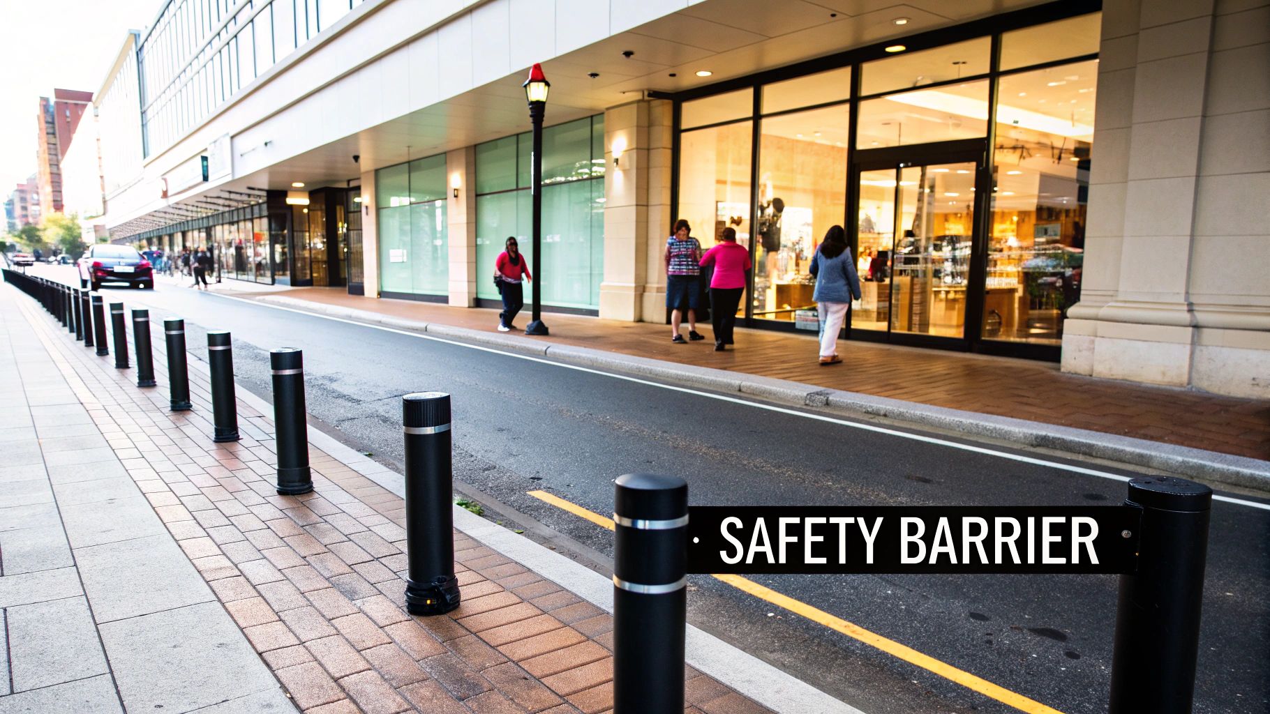 A row of black safety bollards separate a paved sidewalk from a street in front of urban storefronts.