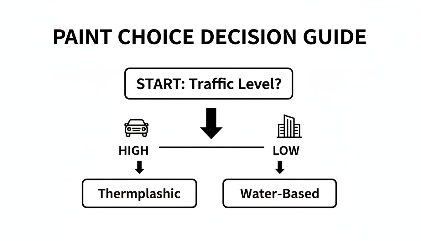 A flowchart decision guide for paint choice, recommending thermoplastic for high traffic and water-based for low traffic.