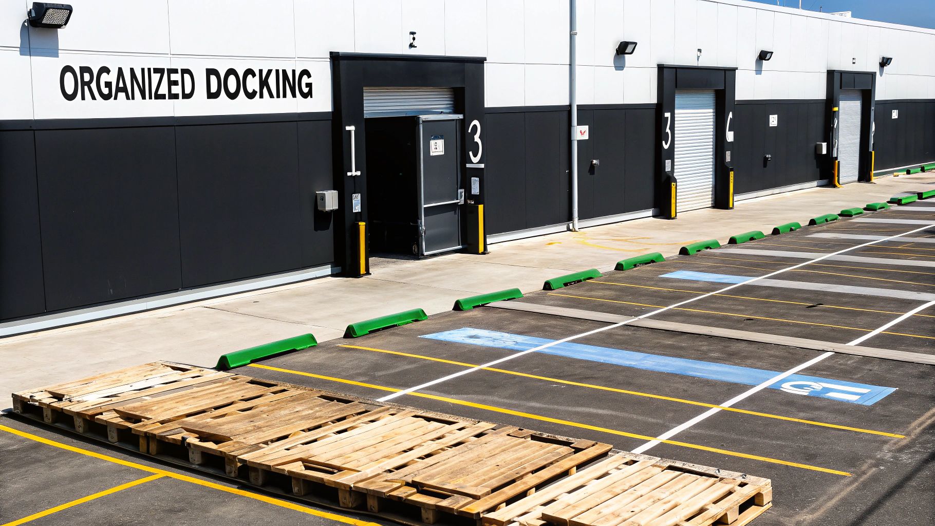 A warehouse building with 'ORGANIZED DOCKING' sign, loading bays, a parking lot, and wooden pallets.