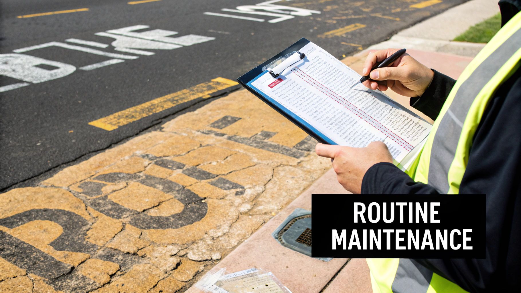 A worker in a safety vest performing routine road maintenance, inspecting markings on a clipboard.
