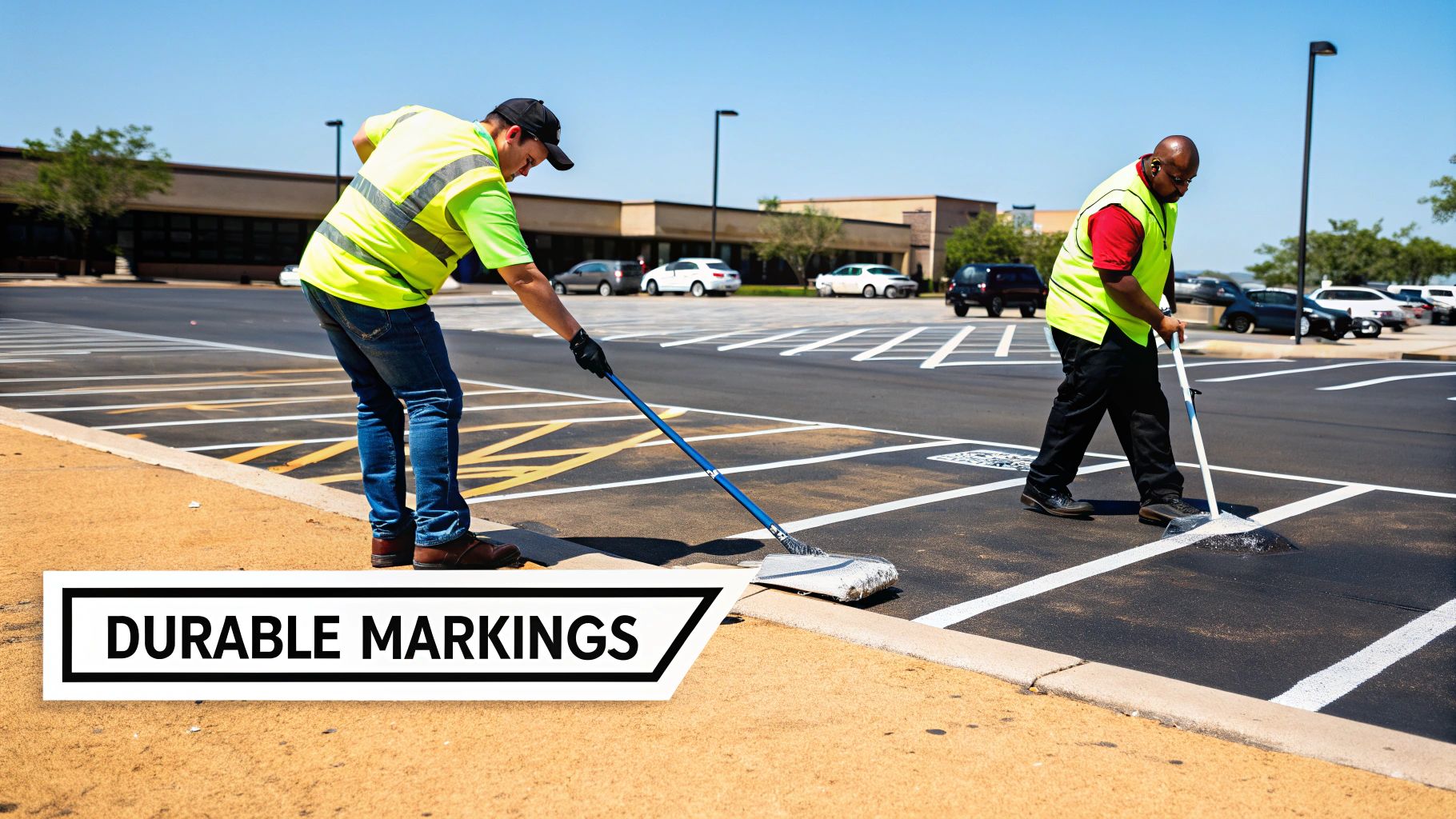 Two workers in safety vests apply durable white markings to stripe parking spaces in a lot.