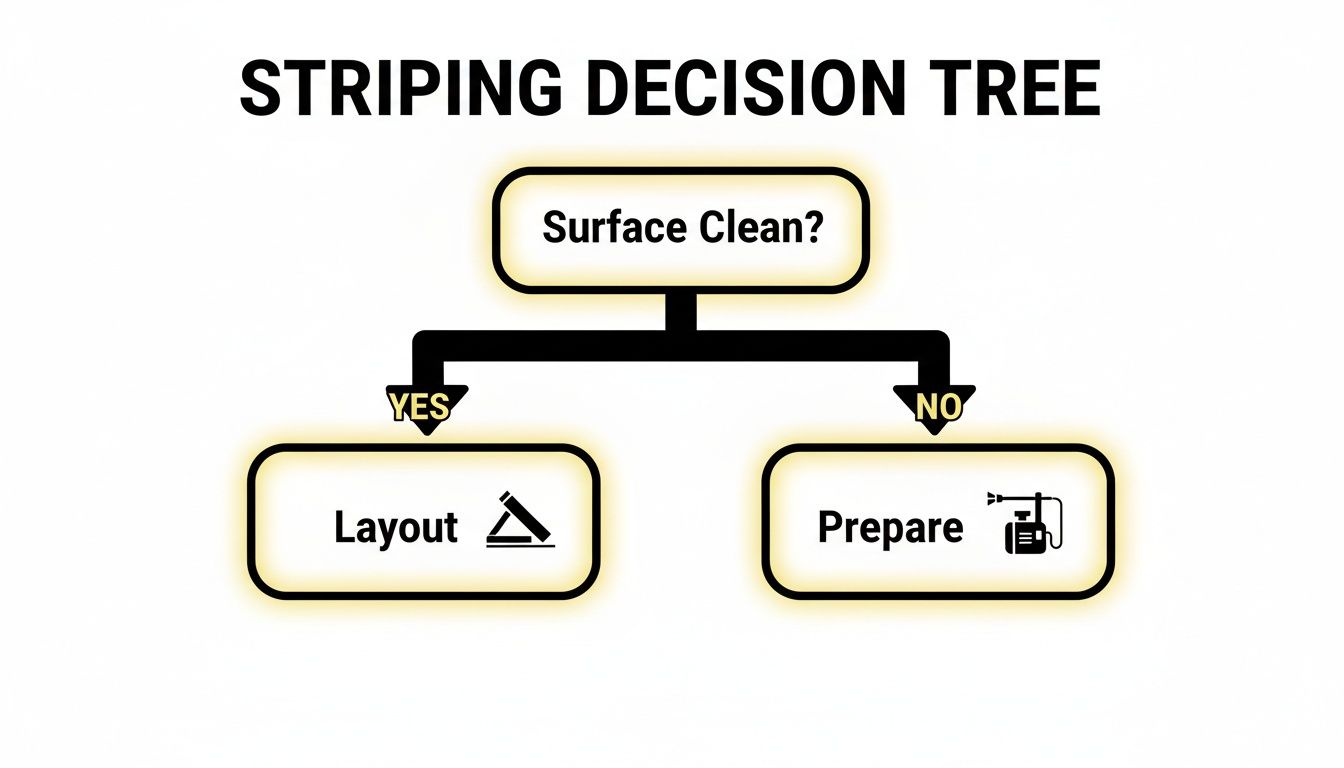 A striping decision tree flowchart showing steps: Is surface clean? Yes leads to layout. No leads to prepare.