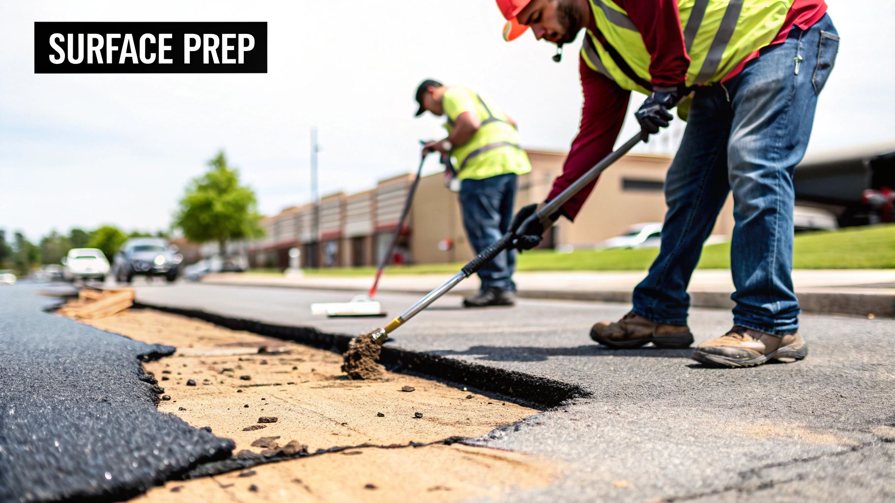 Construction workers in safety vests preparing a road surface for new asphalt paving.