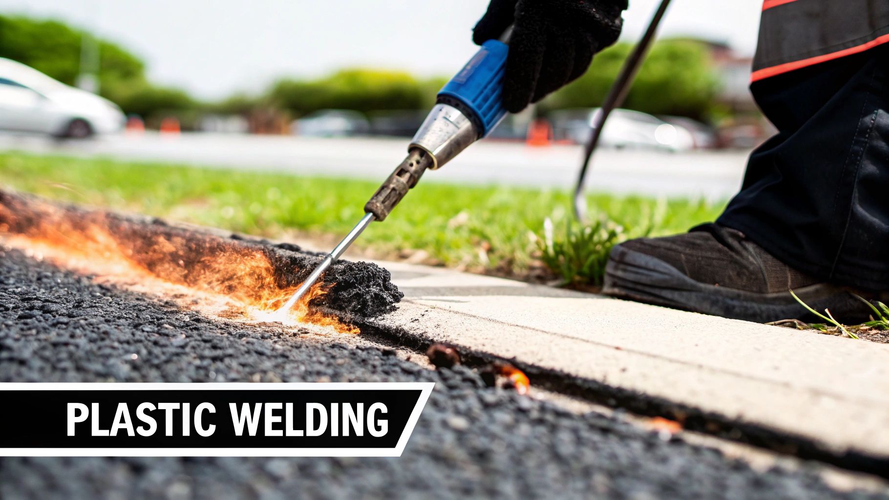 Close-up of a worker using a torch to melt thermoplastic road marking material on asphalt.