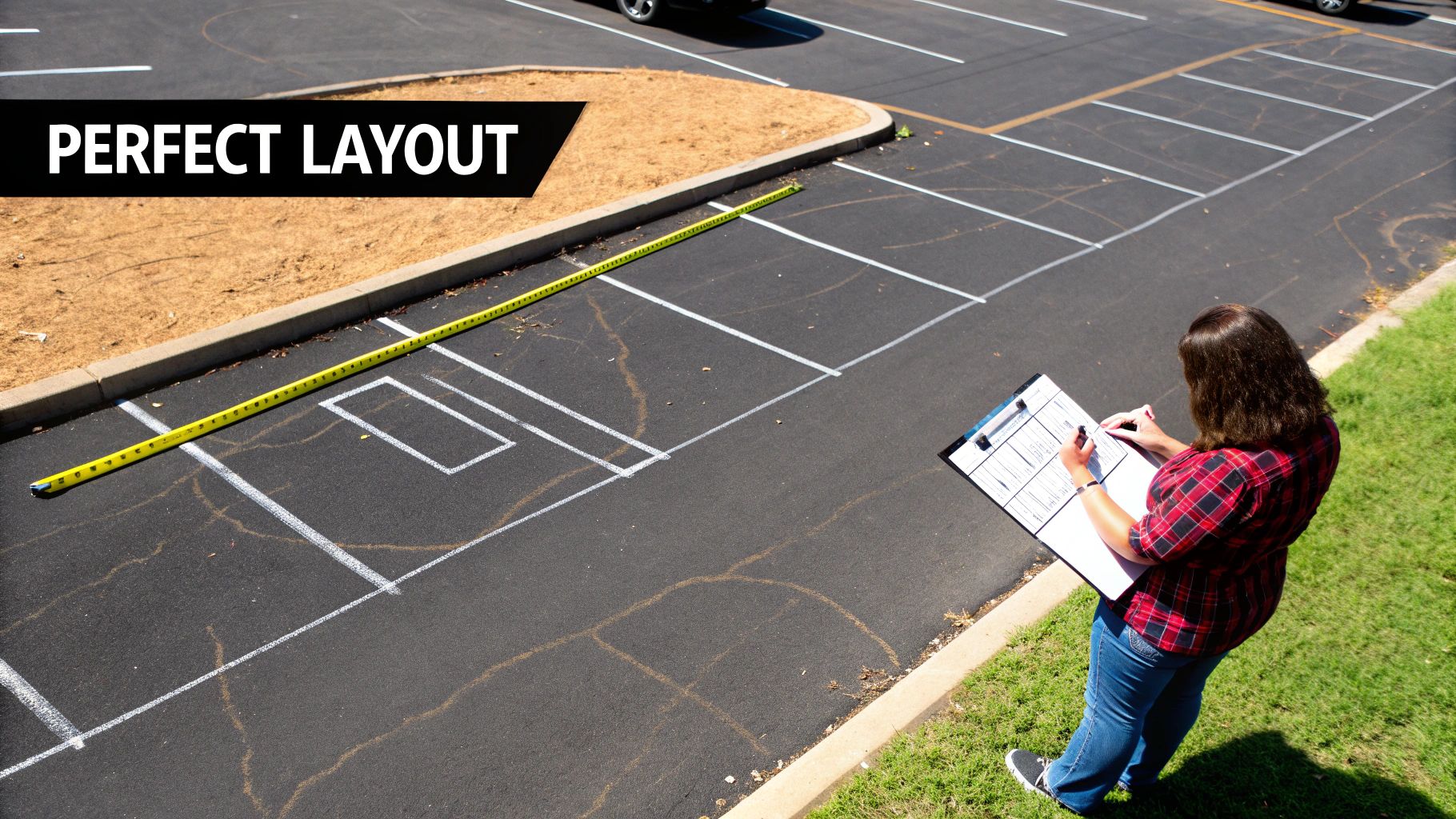A person plans new parking spaces on an asphalt lot with a measuring tape and clipboard.