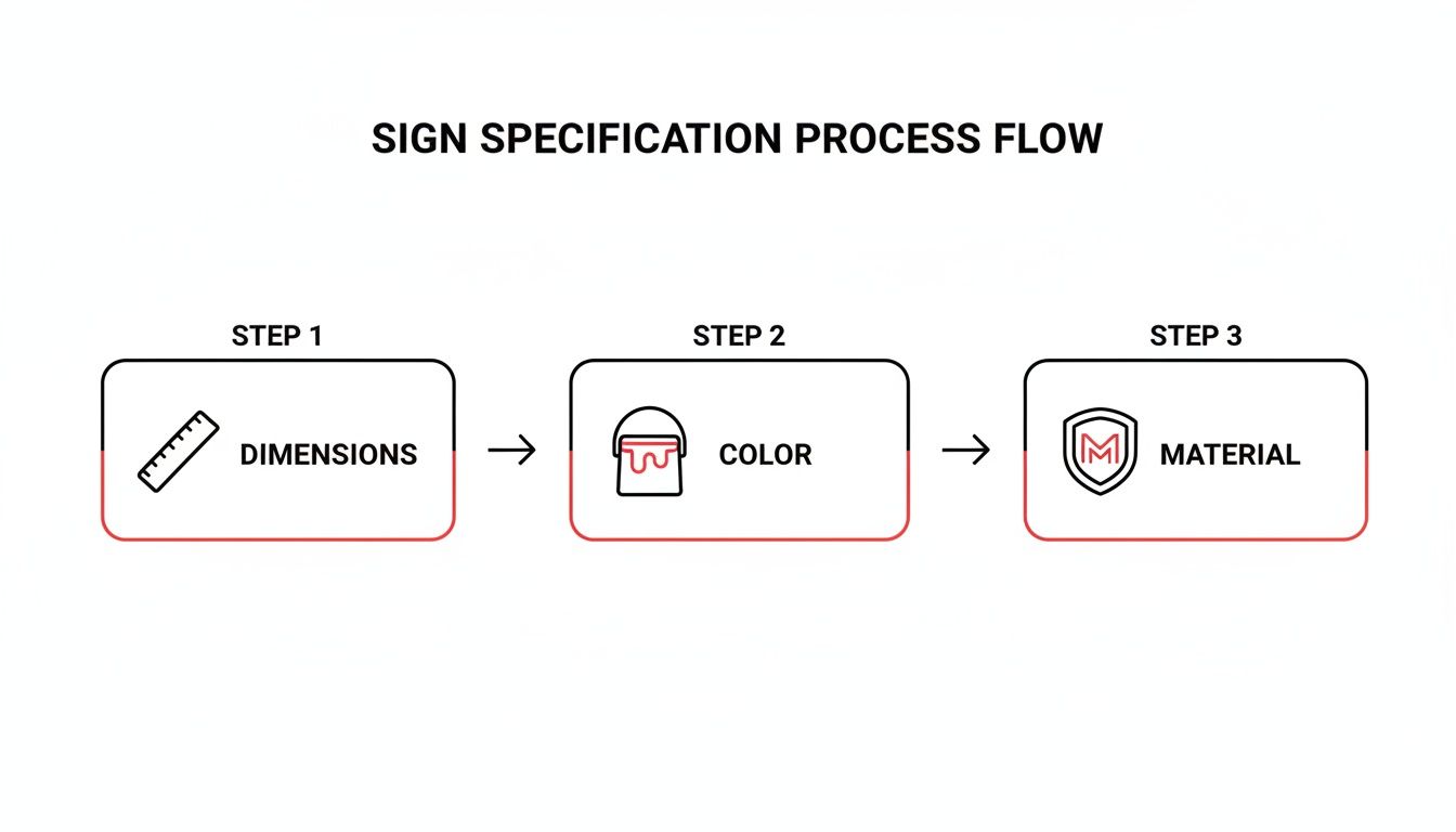 A flow chart detailing the sign specification process steps: dimensions, color, and material.