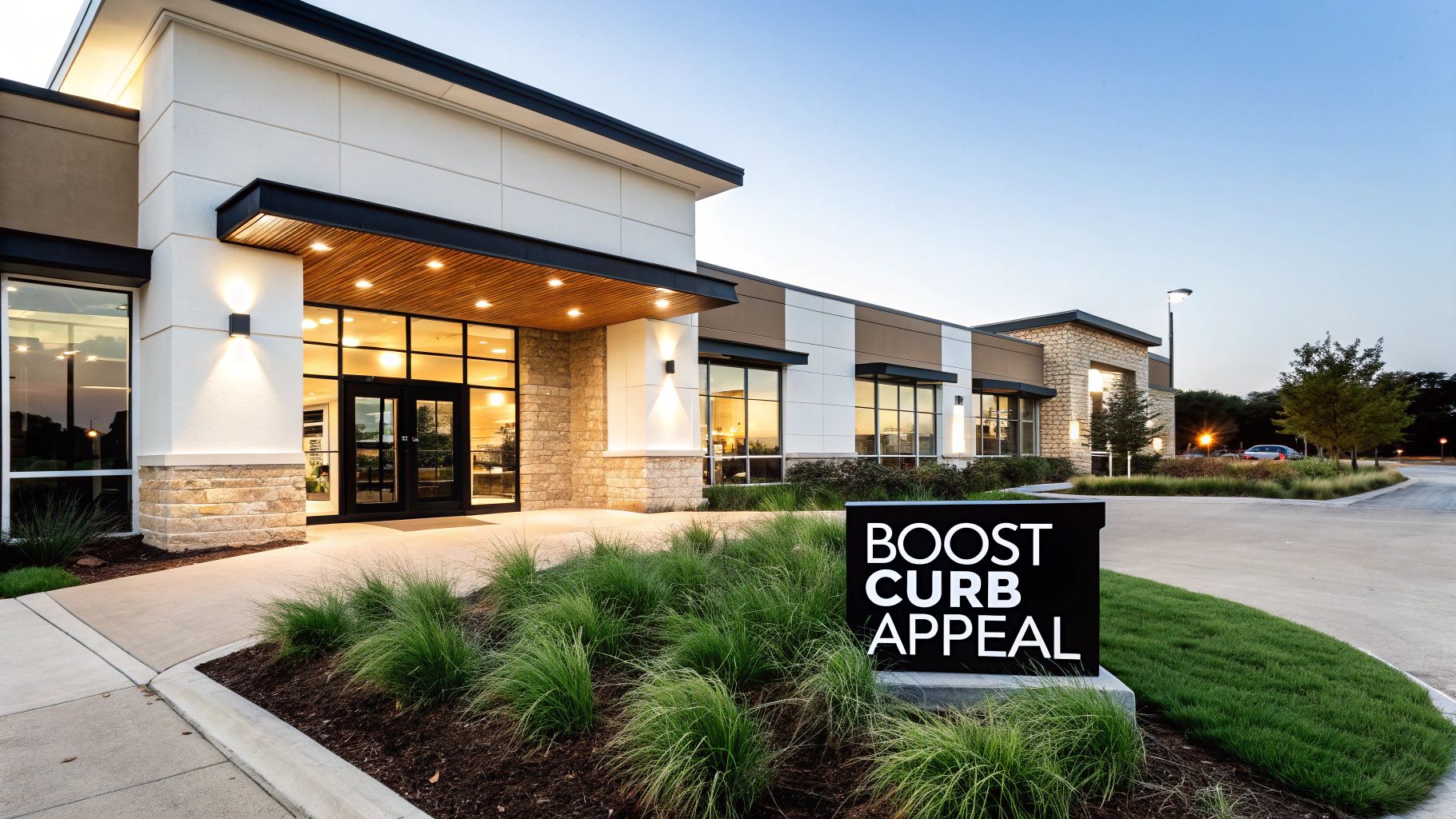 Modern commercial building at dusk with stone facade, large windows, landscaped entrance, and a 'Boost Curb Appeal' sign.