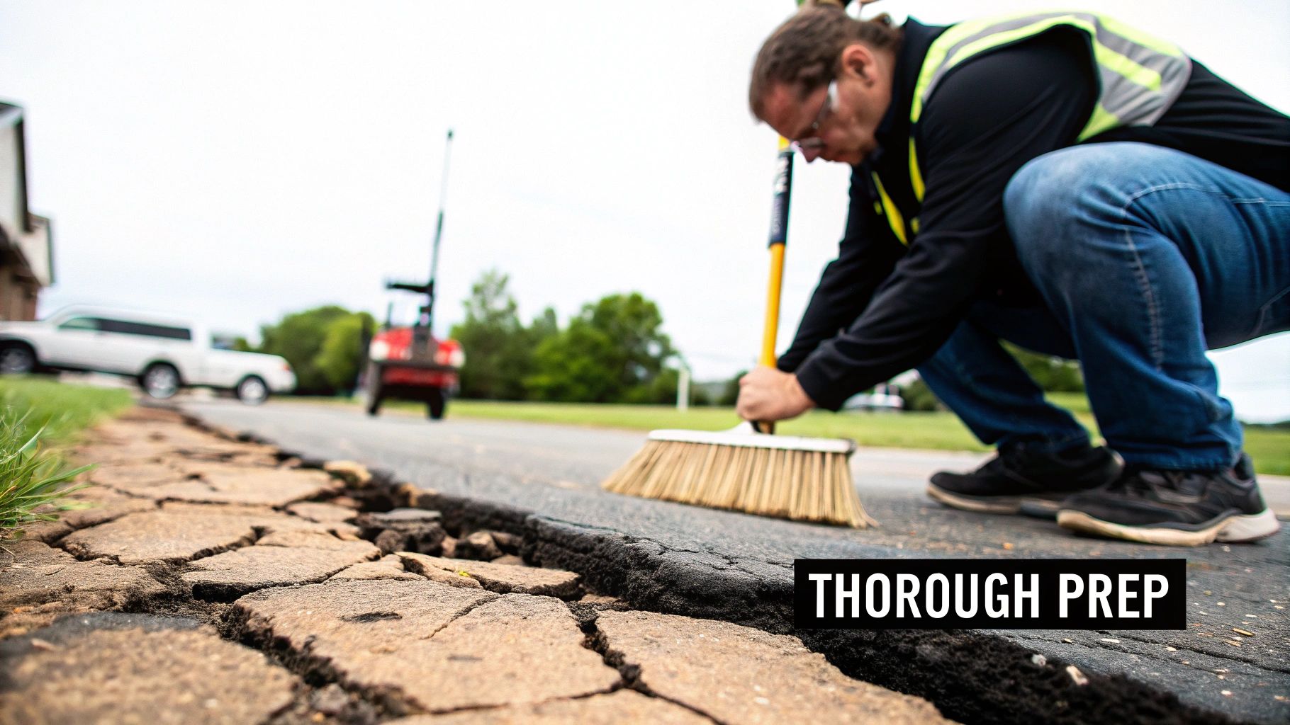 A person in a safety vest sweeps a severely cracked asphalt road with a broom, showing thorough preparation.