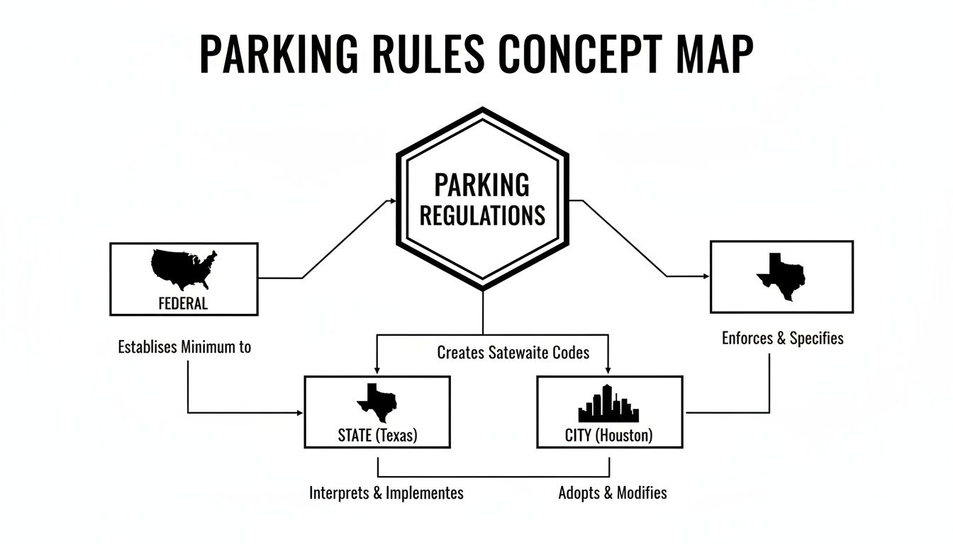 Concept map illustrating parking regulations hierarchy from federal to city levels in Texas.