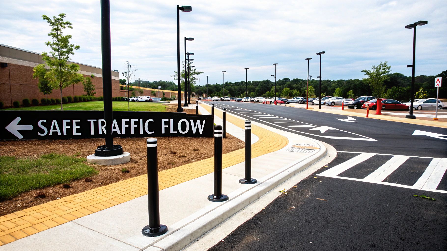 Modern parking lot layout with clear 'SAFE TRAFFIC FLOW' signage, guiding arrows, and bollards.