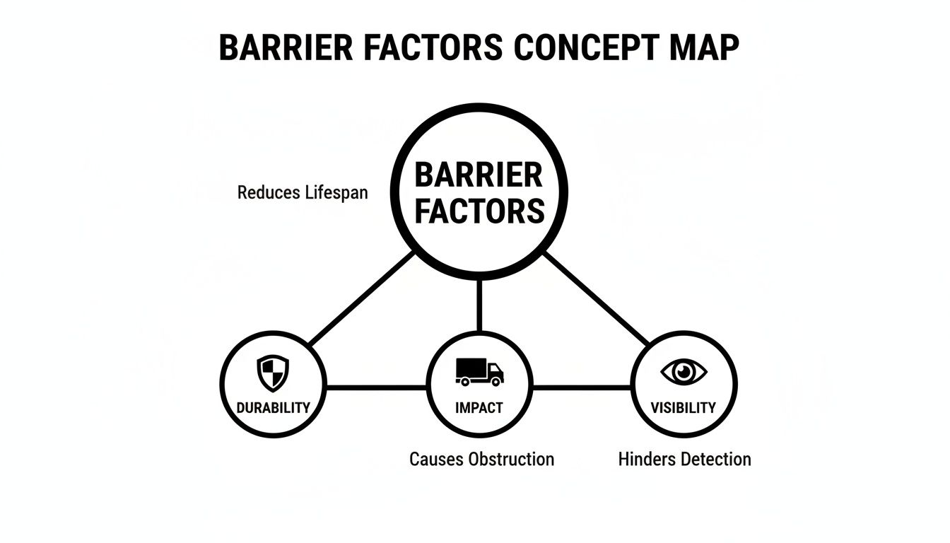 A concept map illustrates barrier factors, detailing durability, impact, and visibility with their effects.