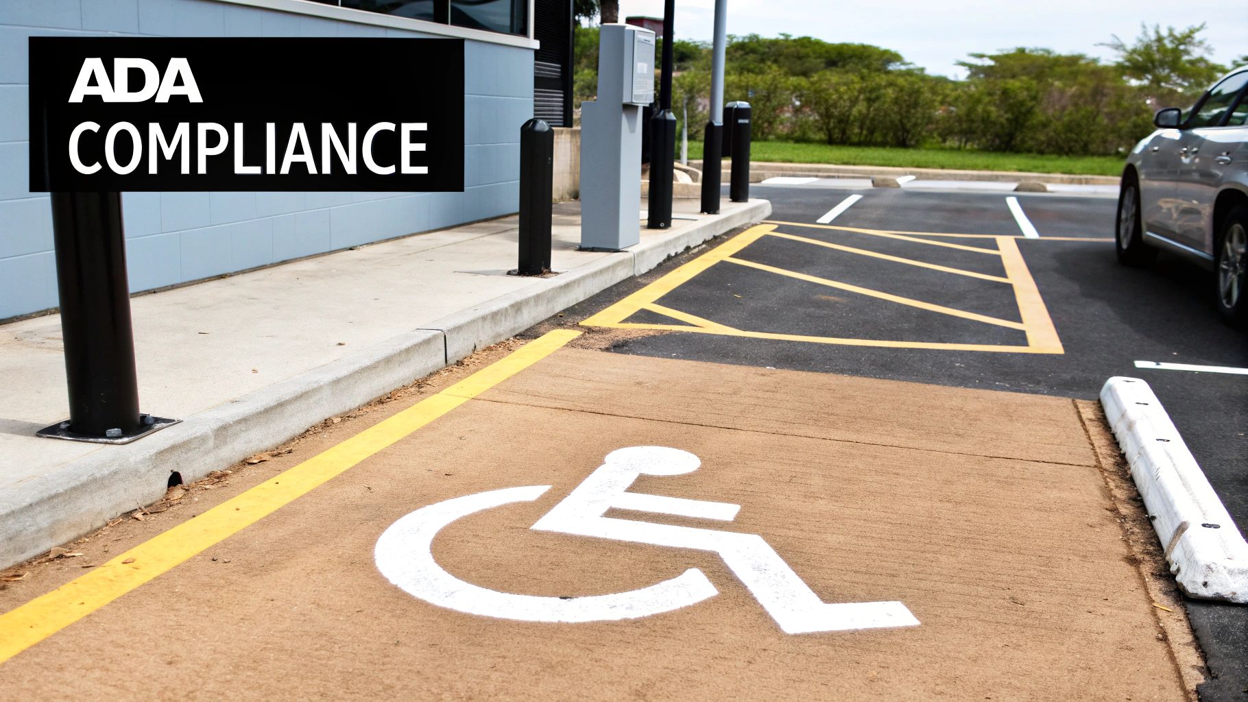 An accessible parking space with a wheelchair symbol and striped access aisle, indicating ADA compliance.
