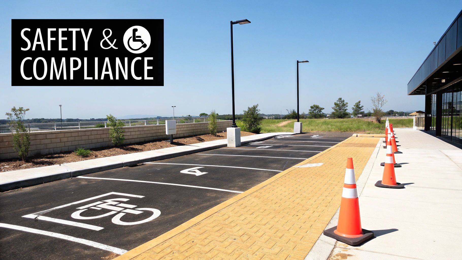 A new, clean parking lot featuring accessible spaces, orange safety cones, and 'Safety & Compliance' text.