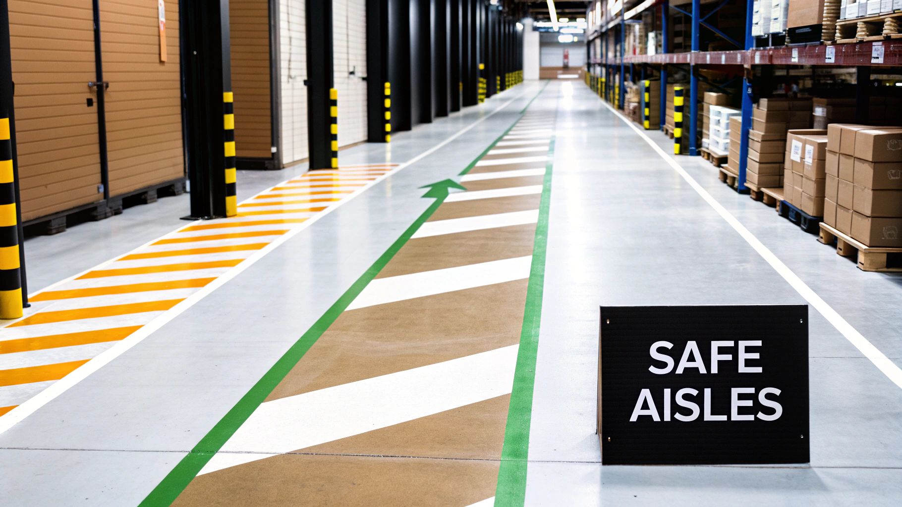 An organized warehouse aisle with safety markings, a green arrow, and a prominent 'SAFE AISLES' sign.