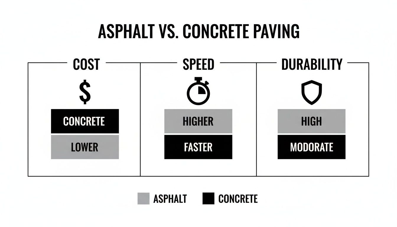A comparison chart of asphalt versus concrete paving, detailing their cost, speed, and durability attributes.