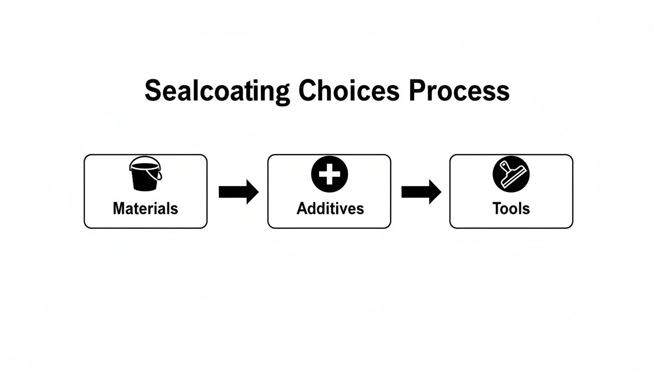 Flowchart showing the Sealcoating Choices Process, detailing steps for materials, additives, and tools.
