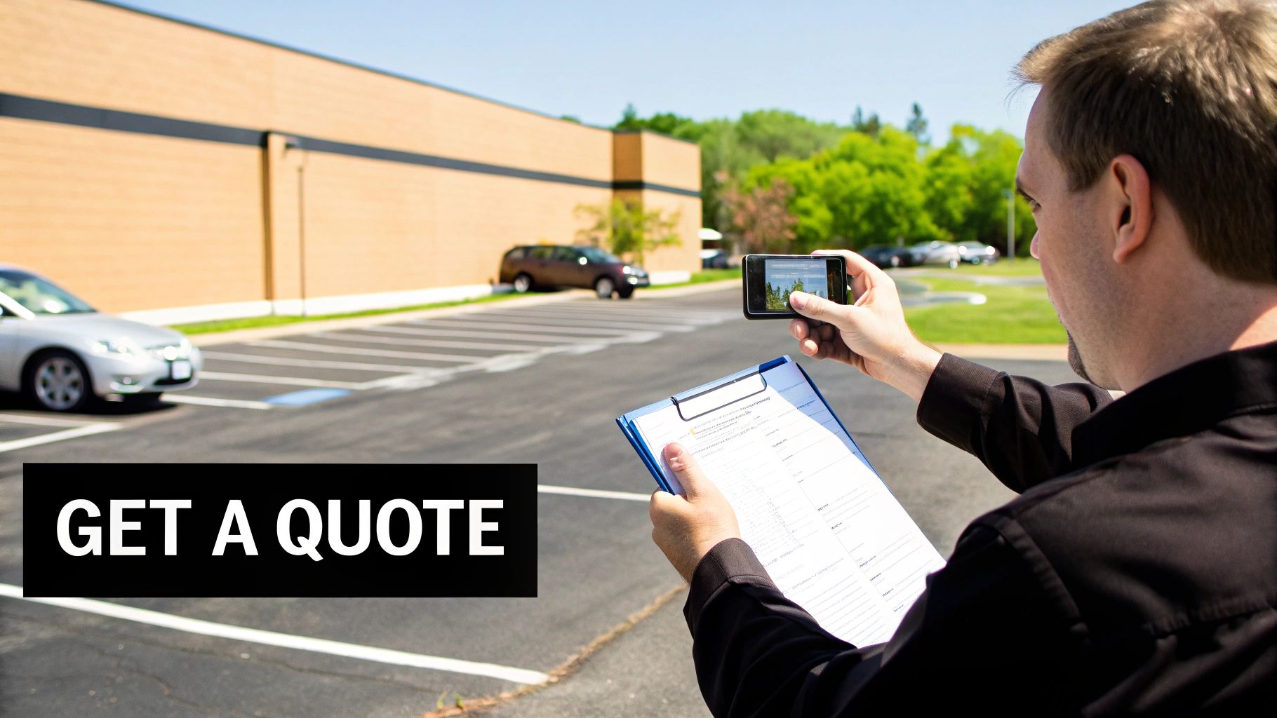 Man inspecting a parking lot, taking a photo with a smartphone and holding a clipboard.