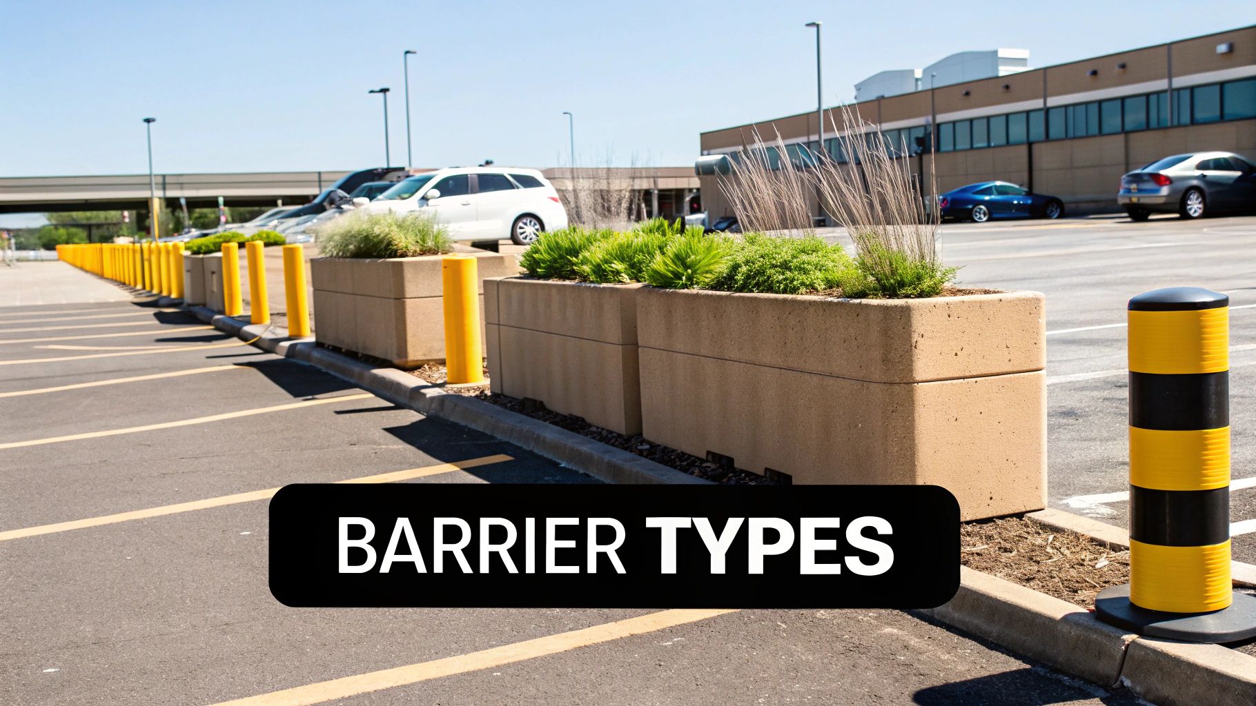 Various parking lot barriers including a row of yellow bollards, concrete planters, and a striped bollard.