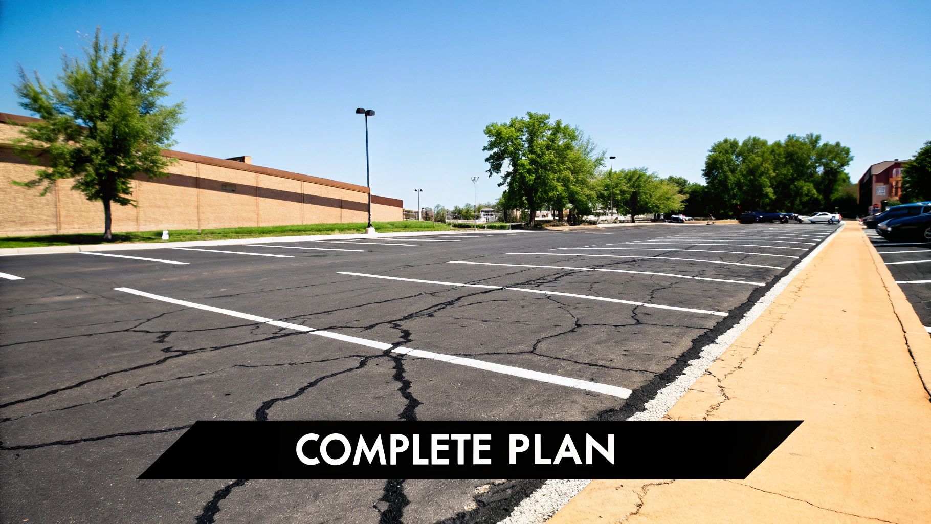 An empty parking lot showing visible cracks in the asphalt pavement, marked with white lines, surrounded by trees and buildings.