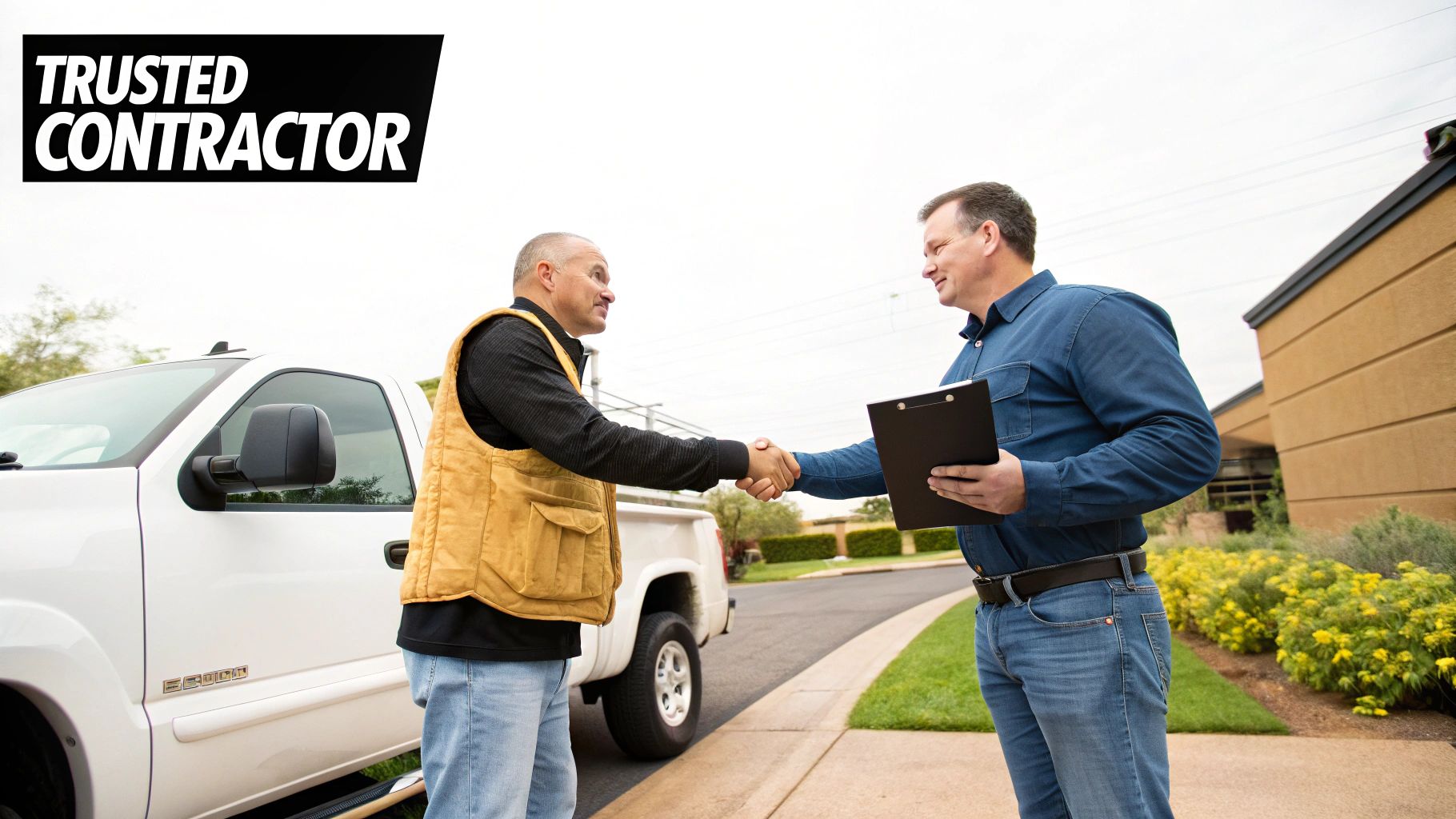 Two trusted contractors shaking hands in front of a white pickup truck and a building.