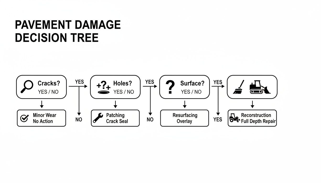 A Pavement Damage Decision Tree flowchart outlining steps for repair based on cracks, holes, and surface condition.