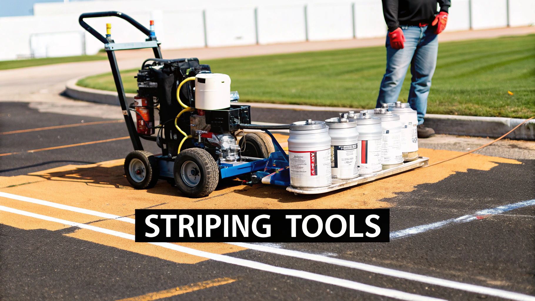 A yellow and black line striping machine with paint cans creating white lines on an asphalt surface, with a person standing nearby.