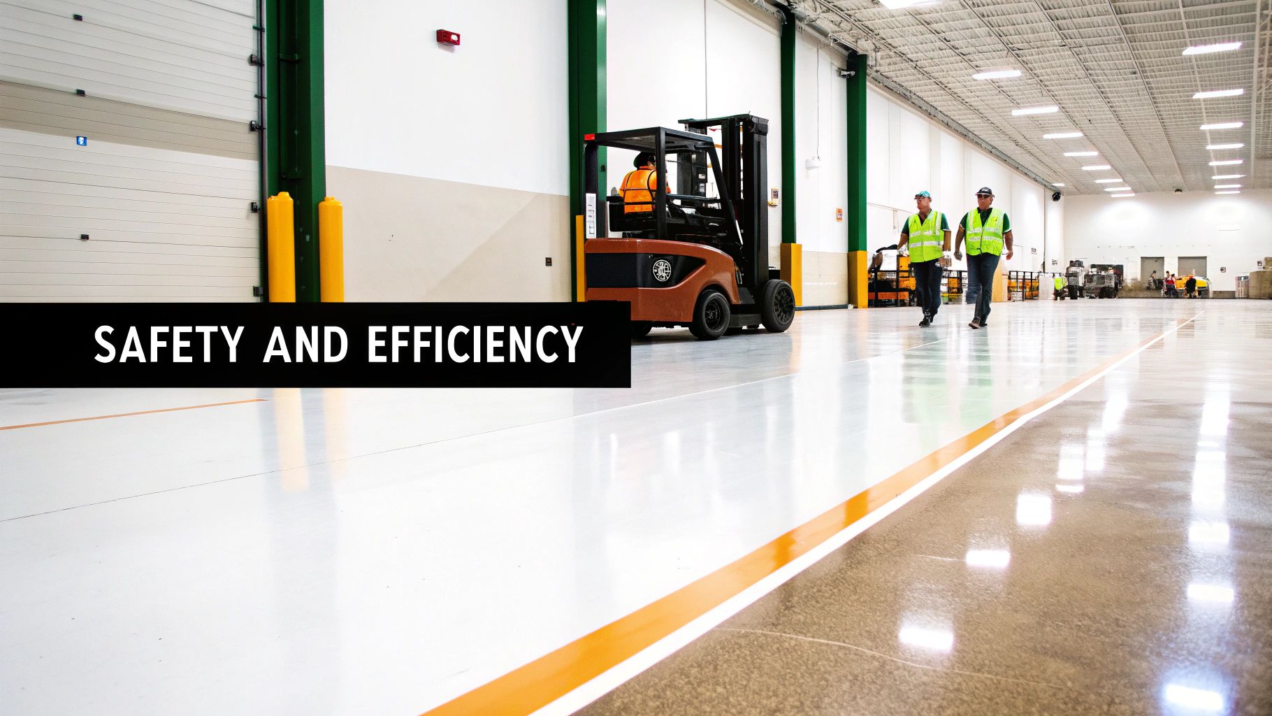 A clean, bright warehouse interior with a forklift and two workers in safety vests, emphasizing safety.