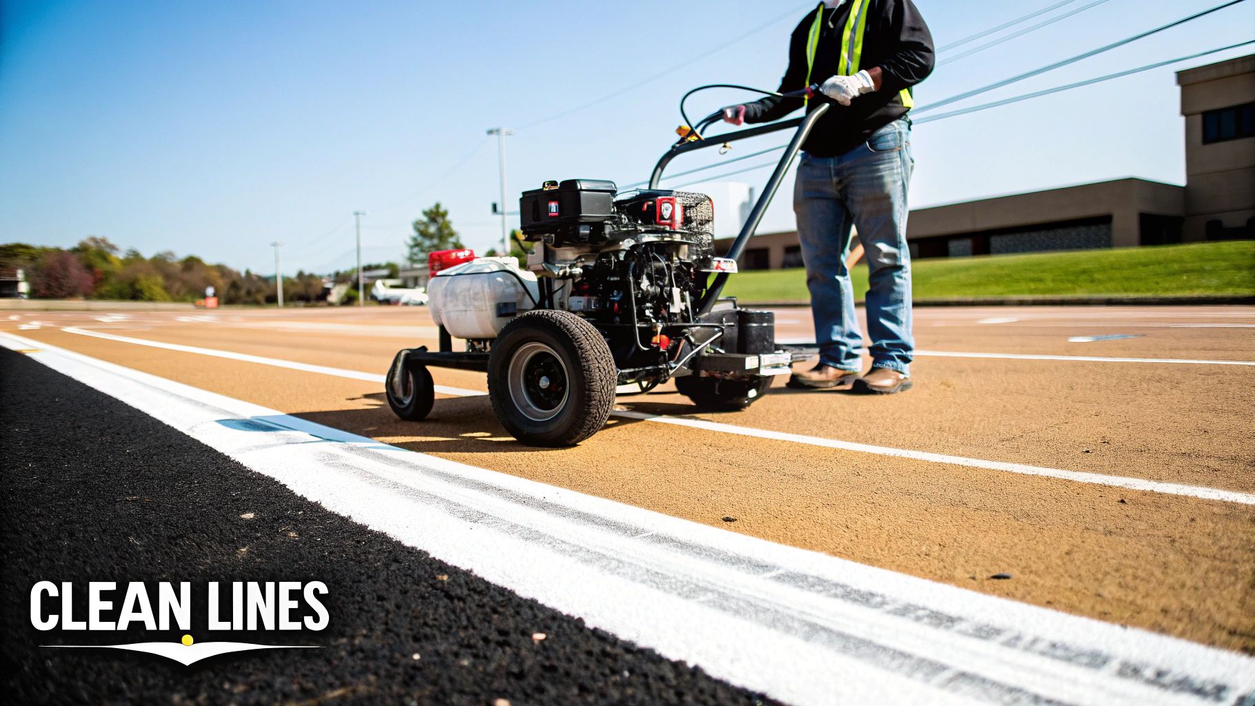 A worker operates a line striping machine, creating clean white lines on a tan asphalt surface.