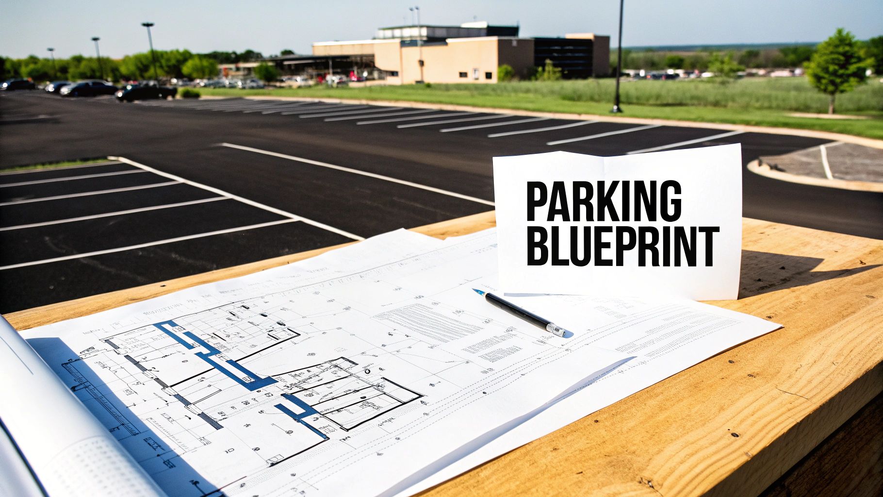 Parking blueprint plans with a pencil on a wooden table, overlooking a newly striped parking lot.