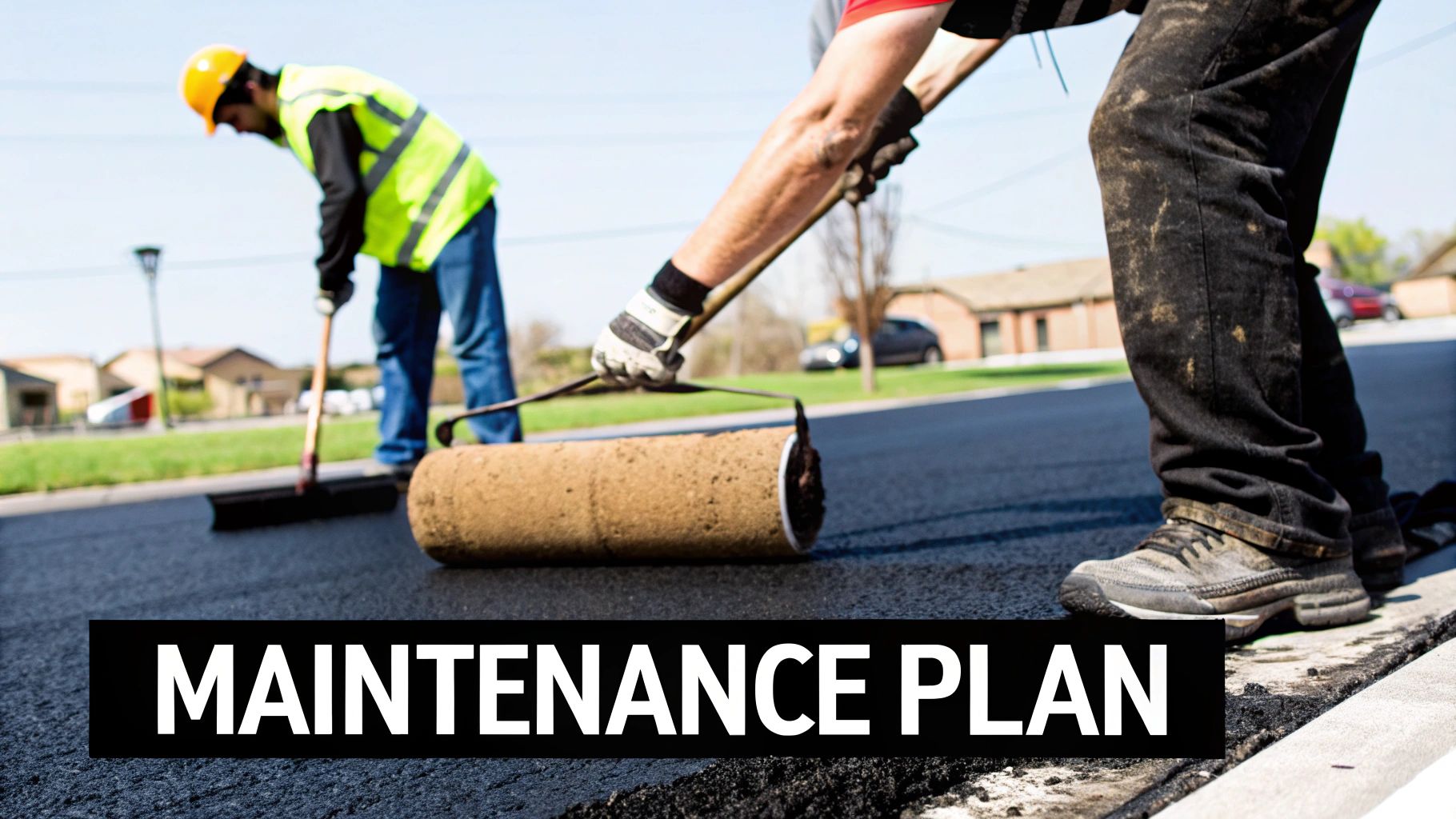 Construction workers smoothing fresh asphalt on a road, with a maintenance plan overlay.