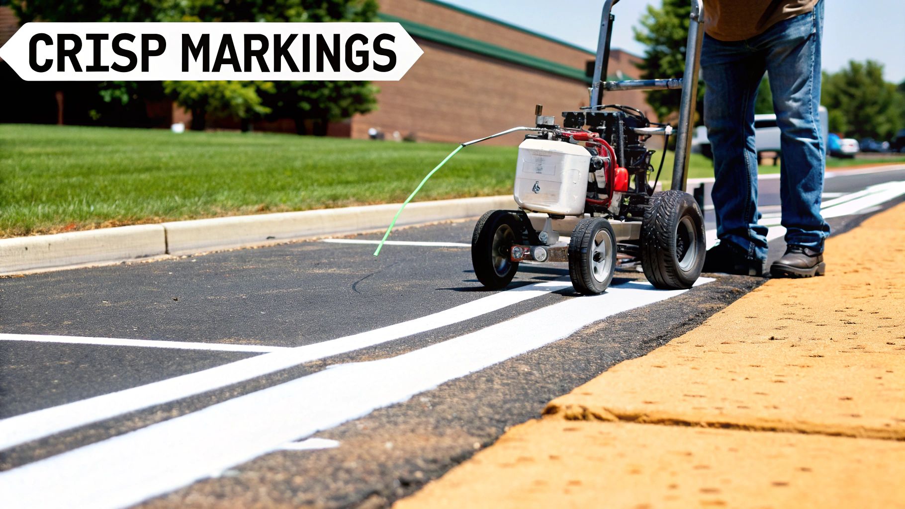 A person uses a line striping machine to paint crisp white lines on an asphalt parking lot.