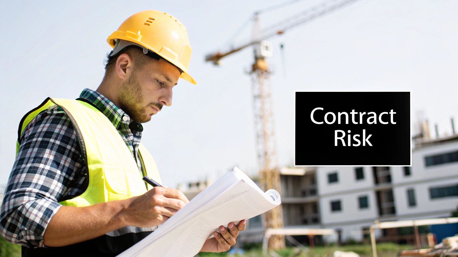 A construction worker in a hard hat and vest reviews documents on a building site, with 'Contract Risk' text.