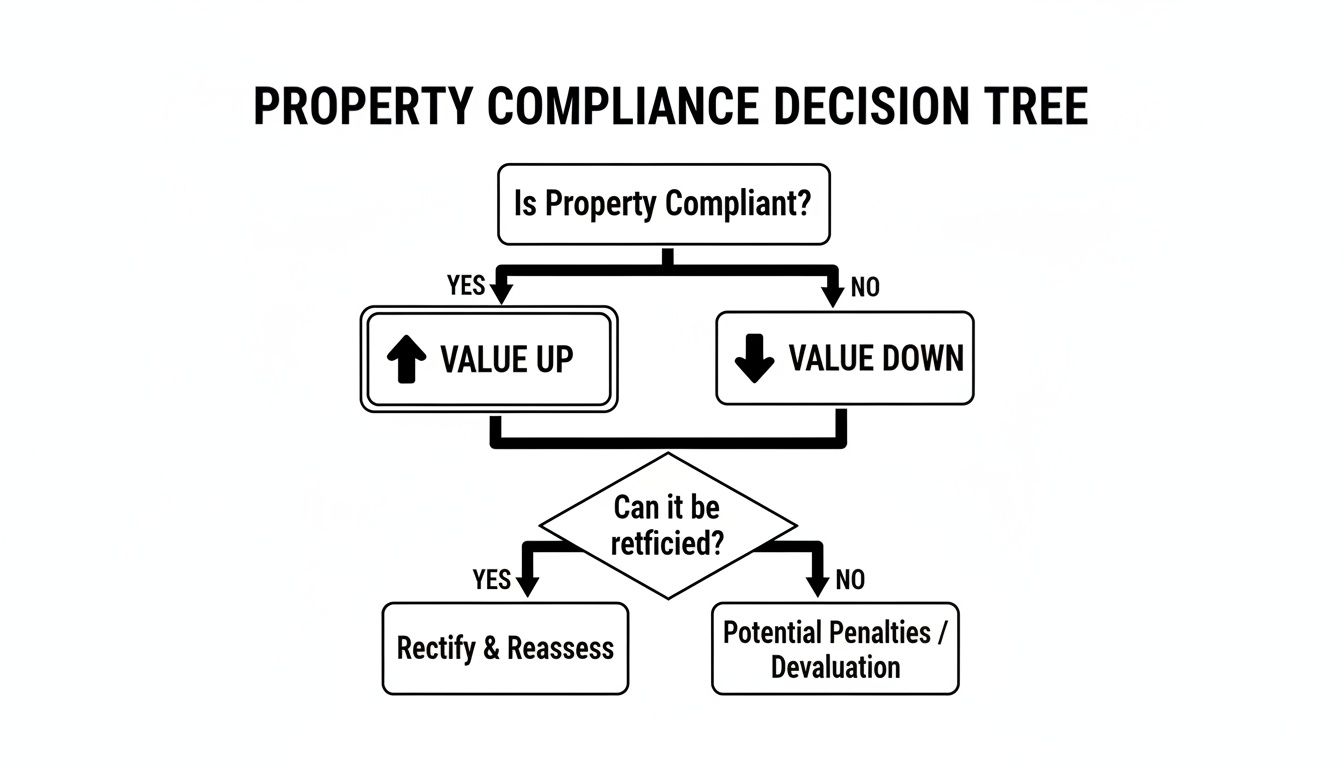 Flowchart illustrating property compliance decisions, showing how compliance impacts property value, rectification, and potential penalties.