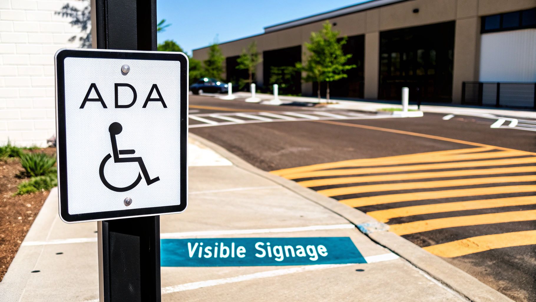An ADA handicap parking sign with a wheelchair symbol stands on a sidewalk next to an accessible ramp.