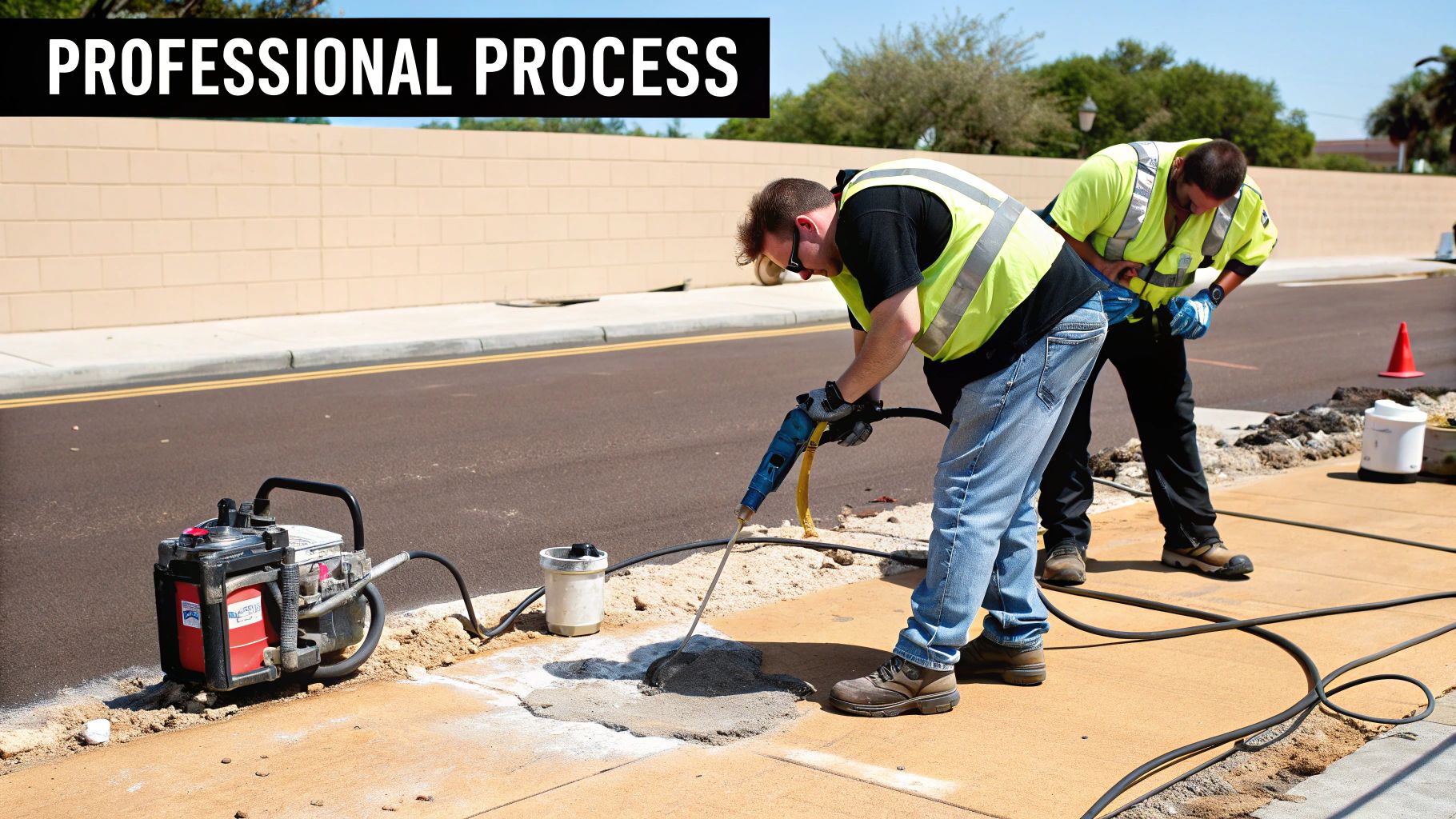 Two construction workers perform asphalt crack filling on a sidewalk and road edge.