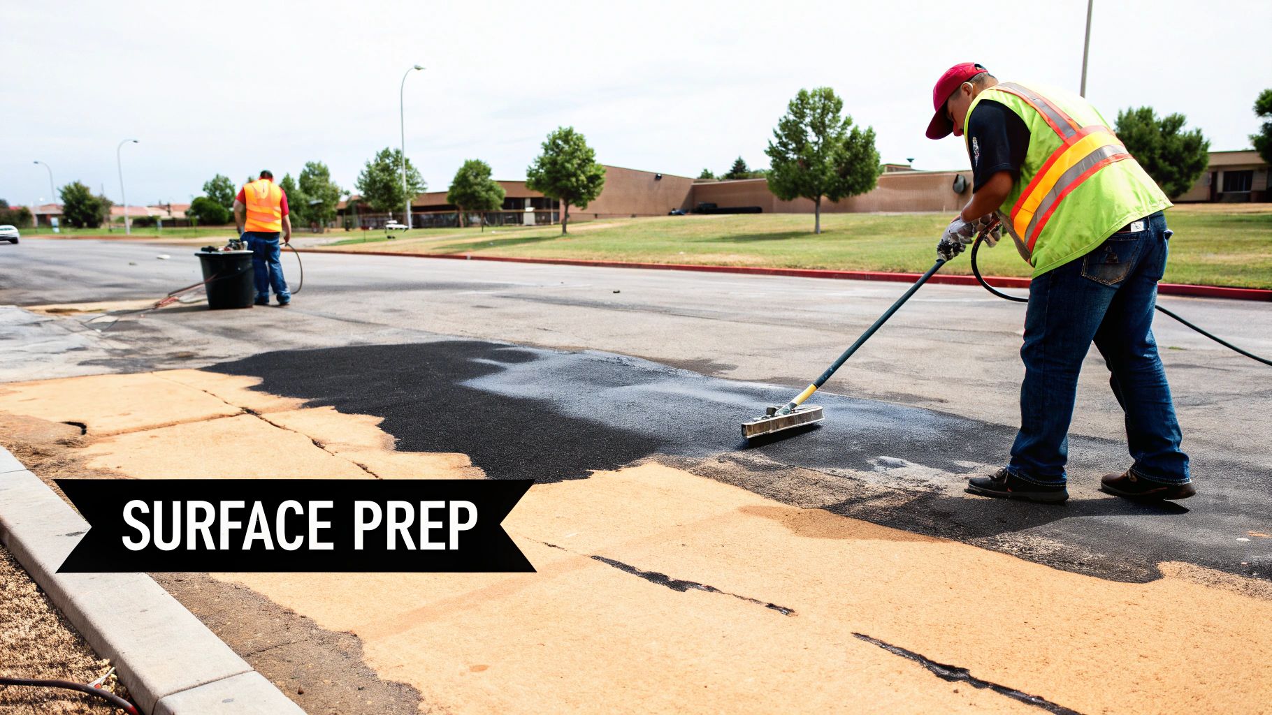 A construction worker spreads black asphalt sealer on a light brown road during surface preparation.