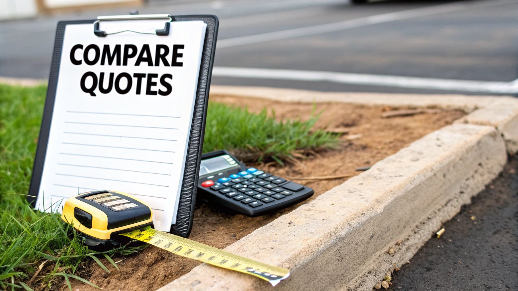 A clipboard reading 'COMPARE QUOTES' with a tape measure and calculator for project estimation.