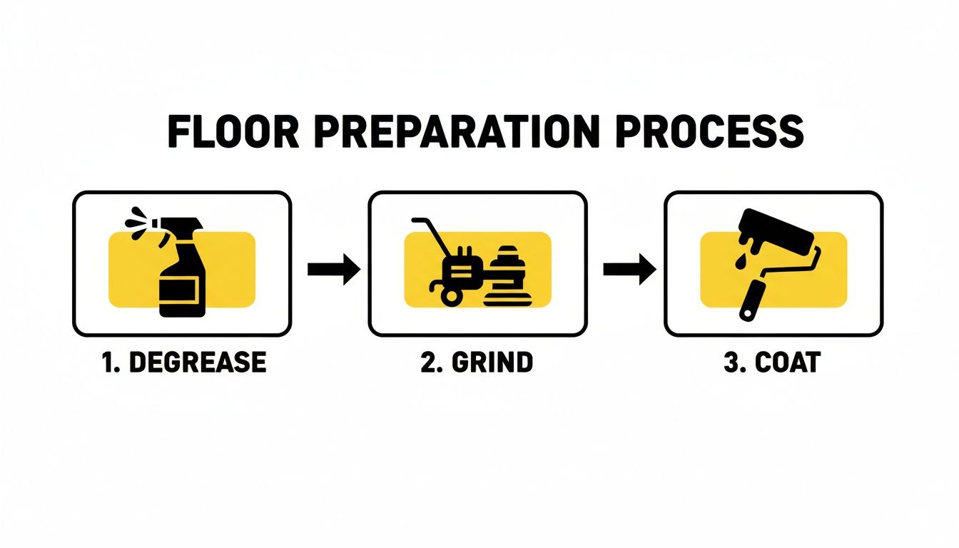 Floor preparation process infographic showing degreasing, grinding, and coating steps for painting.