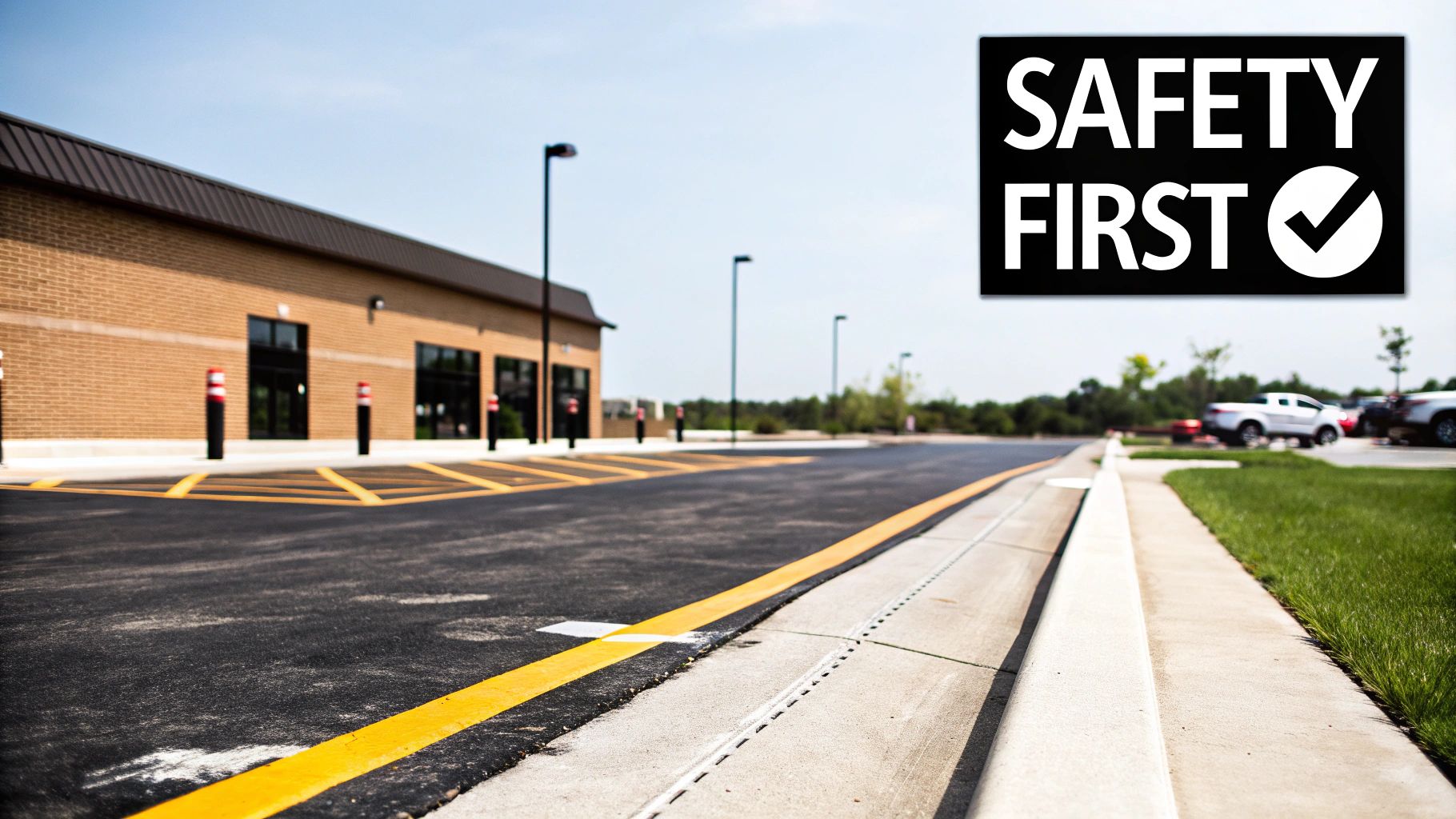 A newly paved fire lane marked with yellow lines next to a brick building, featuring a prominent 'SAFETY FIRST' sign.