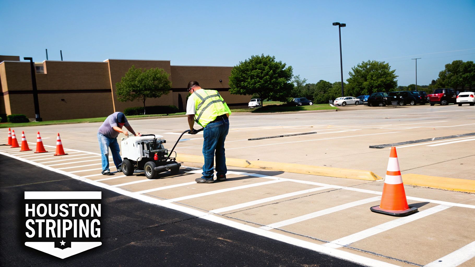 Two workers apply white stripes to a newly paved parking lot using a line striping machine and safety cones.