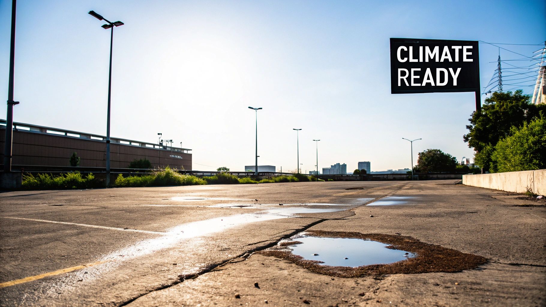 A cracked and puddle-filled asphalt parking lot under a bright sky with a 'CLIMATE READY' sign.