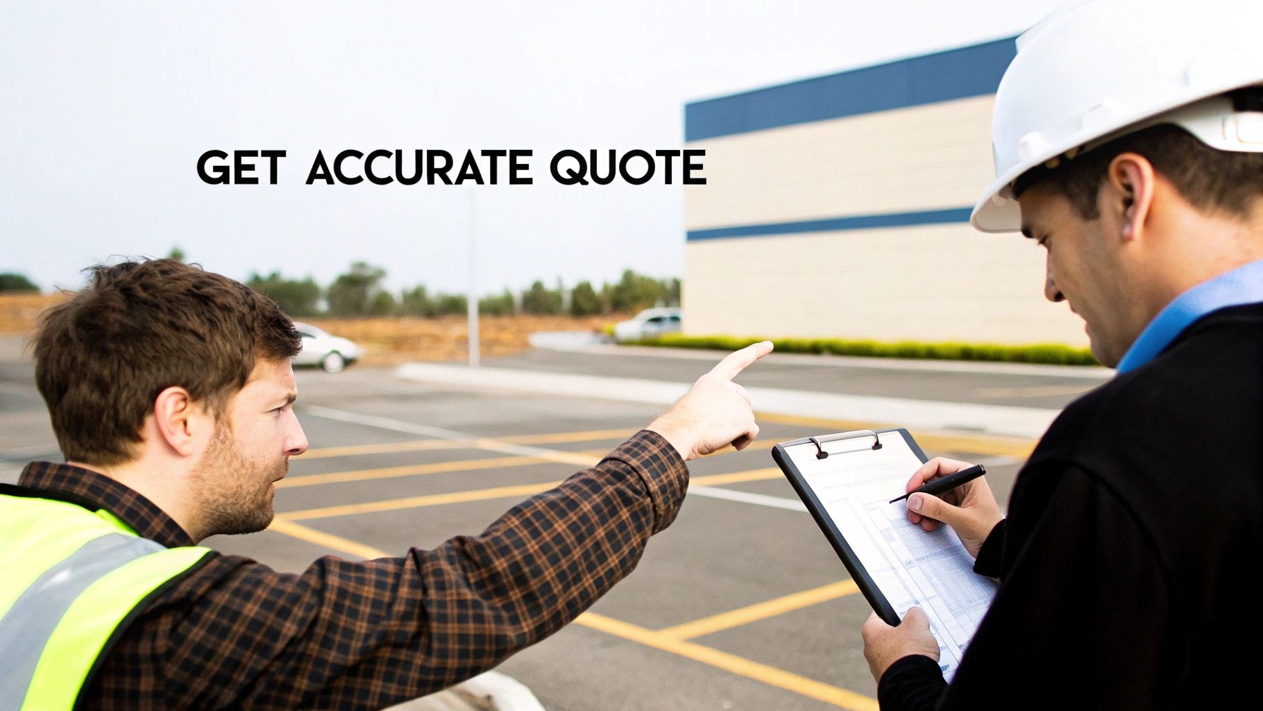 Two construction workers reviewing parking lot striping plans, getting an accurate quote for work.