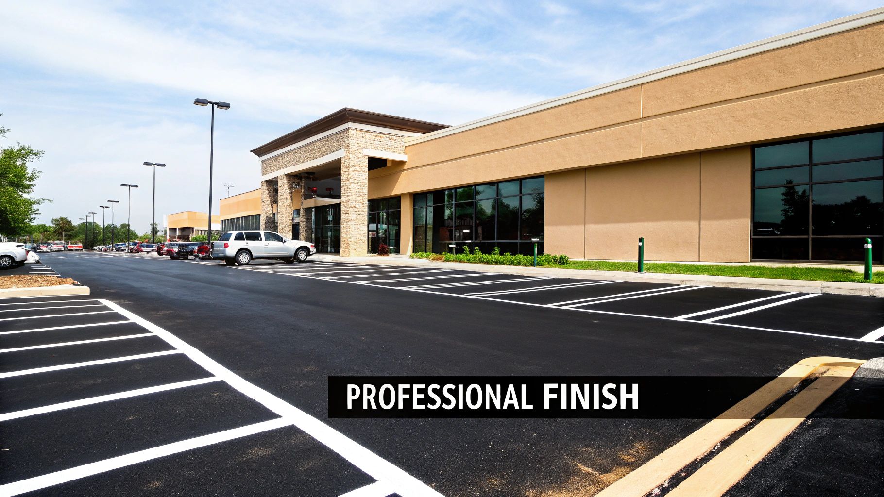 Newly paved parking lot with fresh white stripes and yellow curb lines in front of a commercial building.