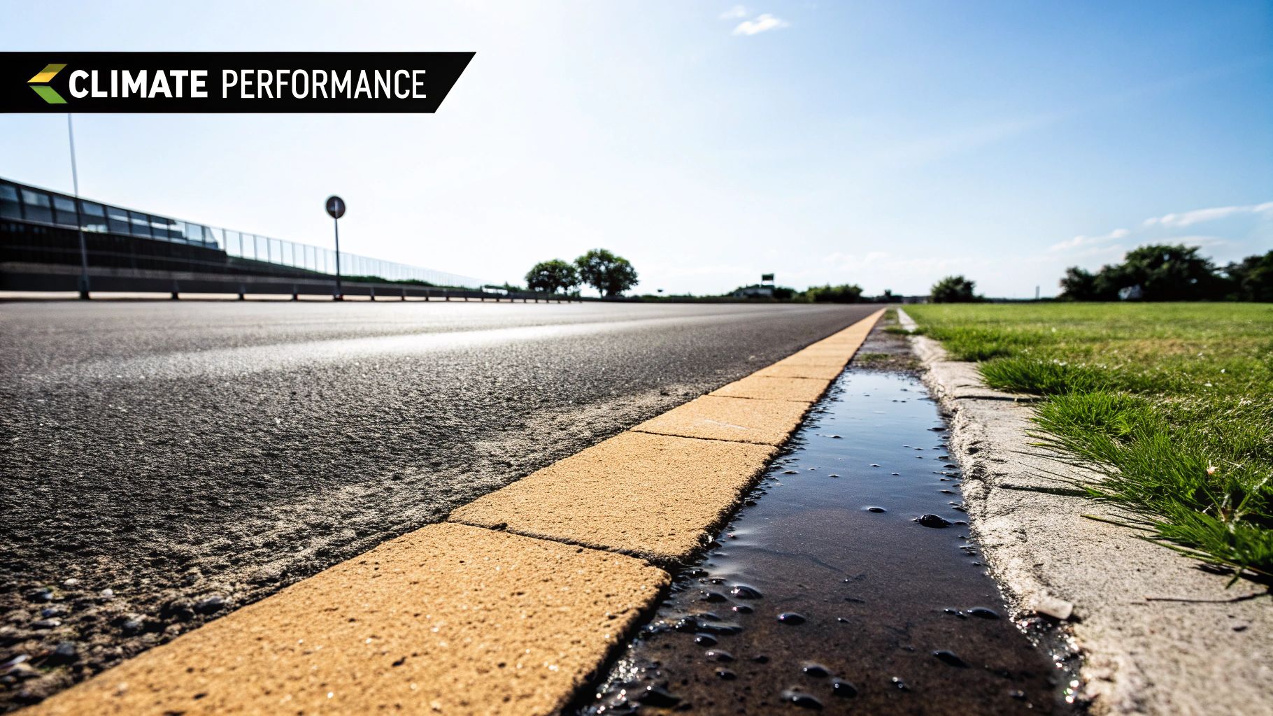 Asphalt road with a yellow-lined concrete curb, a puddle, and grass under a bright sky.