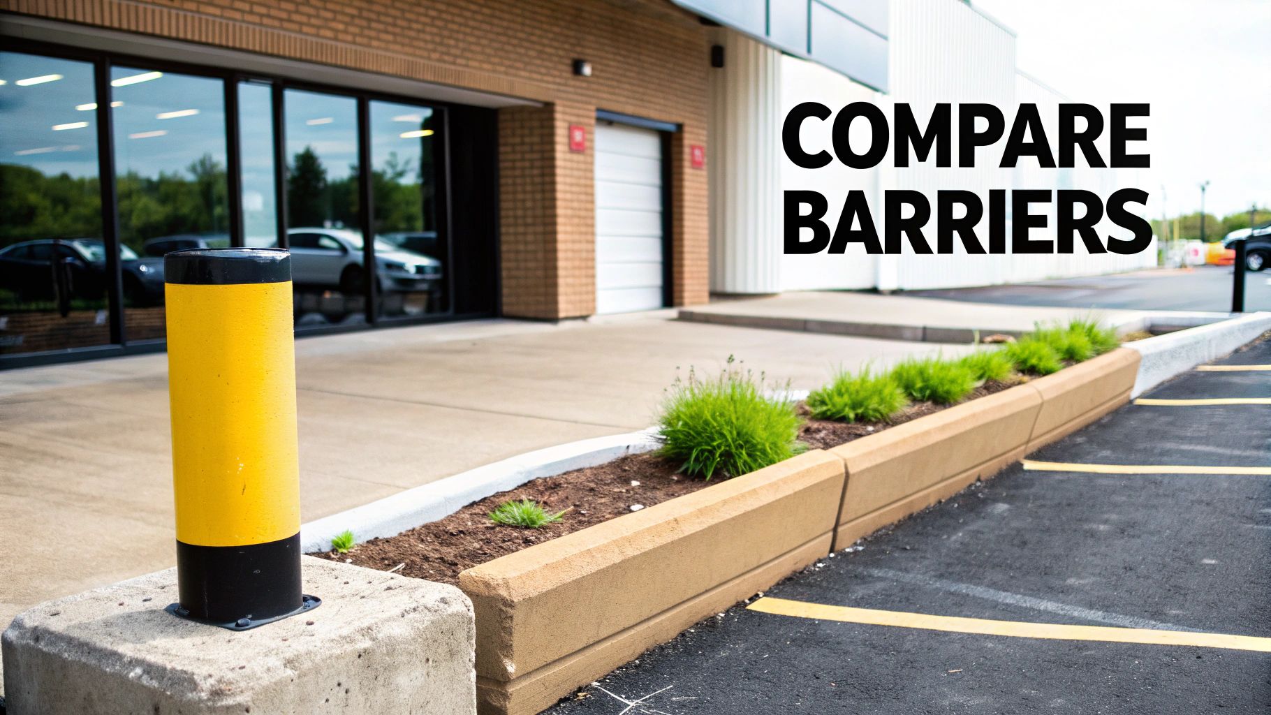 A yellow and black bollard stands on a concrete base next to concrete barriers in a parking lot.