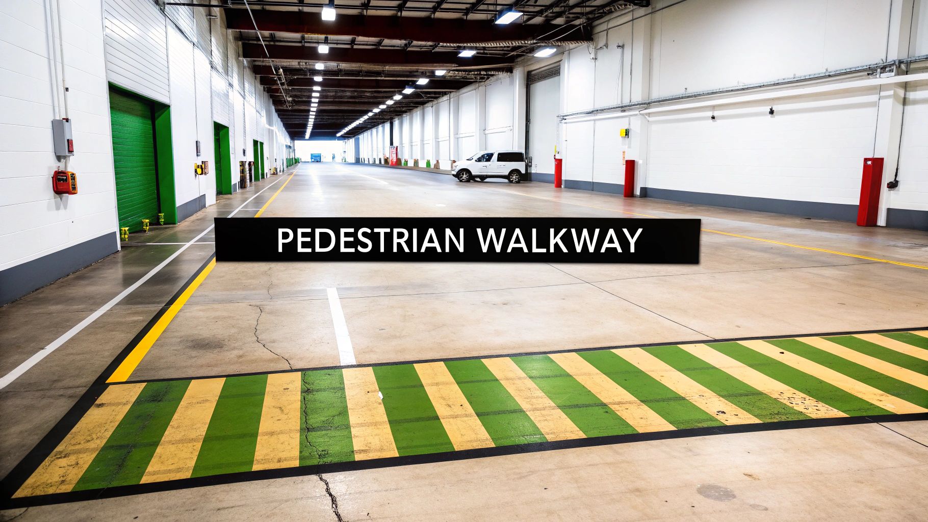 A long, brightly lit industrial warehouse hallway with a marked pedestrian walkway and a parked white SUV.